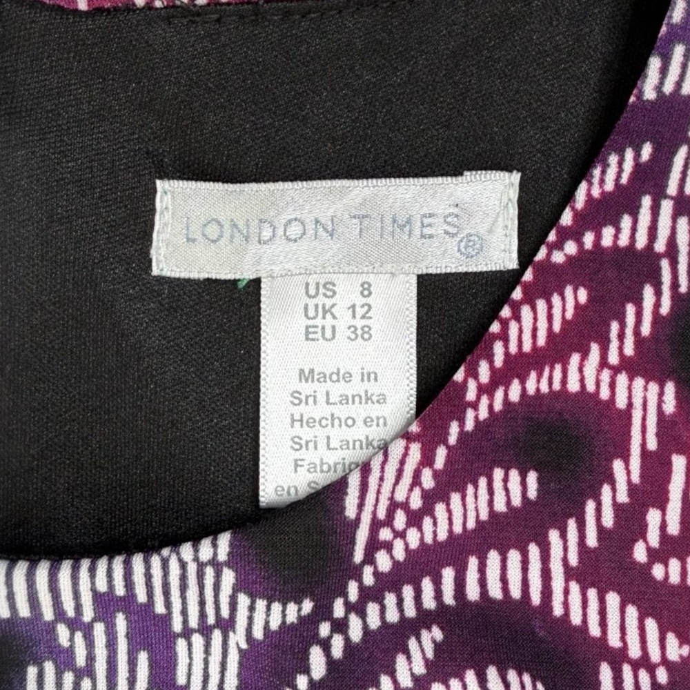 London Times Sheath Dress 8 Purple Black Floral Paisley Office Evening Abstract - Picture 8 of 10